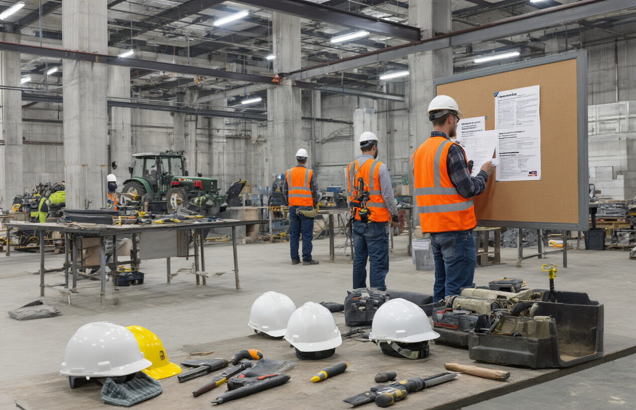 Create a realistic image of a construction site or industrial workshop with empty workstations and unused tools in the foreground, showing hard hats, safety equipment, power tools, and machinery sitting idle, with a few white and black male workers in safety vests and hard hats looking concerned while reviewing job postings on a bulletin board, set against an industrial background with concrete structures and steel beams, under bright workshop lighting that emphasizes the sparse workforce and abundance of available work, conveying a sense of urgency and opportunity in the skilled trades sector, absolutely NO text should be in the scene.