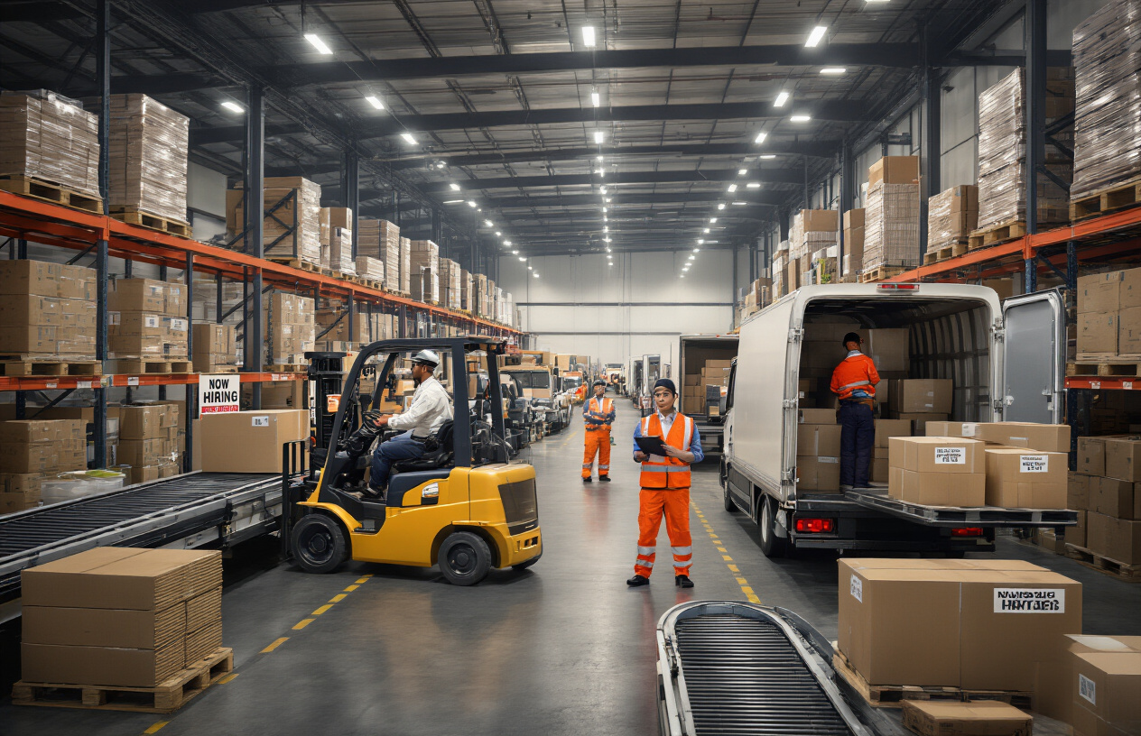 Create a realistic image of a modern logistics warehouse with diverse international workers including a white male forklift operator, a black female supervisor with clipboard, and an Asian male loading packages onto delivery trucks, featuring busy shipping dock with multiple cargo trucks being loaded, stacked cardboard boxes and pallets throughout the facility, bright industrial LED lighting overhead, conveyor belt systems, and "NOW HIRING" signs visible on bulletin boards, capturing the bustling atmosphere of accelerated recruitment in the transportation industry, with warm professional lighting that emphasizes productivity and opportunity, absolutely NO text should be in the scene.