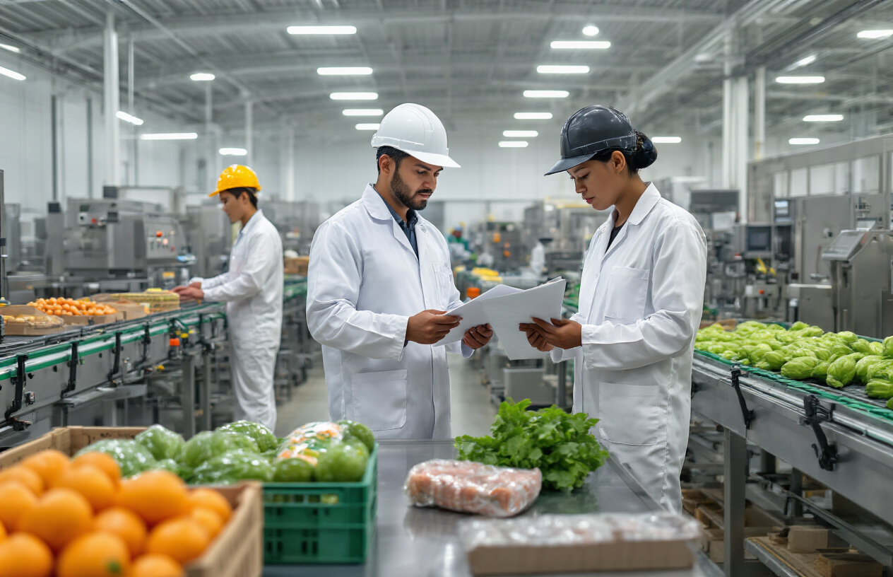 Create a realistic image of a modern agricultural facility with international workers from diverse backgrounds including a white male supervisor reviewing documents with a black female worker and an Asian male employee operating food processing equipment, set in a bright industrial food processing plant with conveyor belts, packaging machinery, and fresh produce visible, featuring clean stainless steel surfaces, good lighting, and a professional working atmosphere that conveys international collaboration and modern agricultural technology. Absolutely NO text should be in the scene.