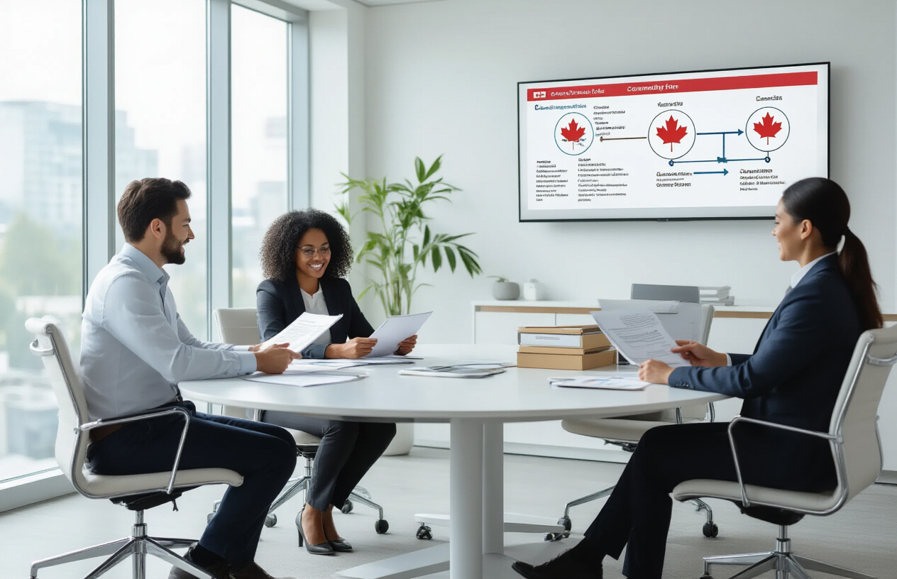 Create a realistic image of a modern office setting with a diverse group of professionals including a white male, black female, and Asian male sitting around a sleek conference table reviewing immigration documents and folders labeled with Canadian maple leaf symbols, with a large wall-mounted screen displaying a flowchart diagram showing immigration pathways, bright natural lighting from large windows, professional atmosphere with clean white walls and contemporary furniture, everyone appearing engaged and optimistic, absolutely NO text should be in the scene.