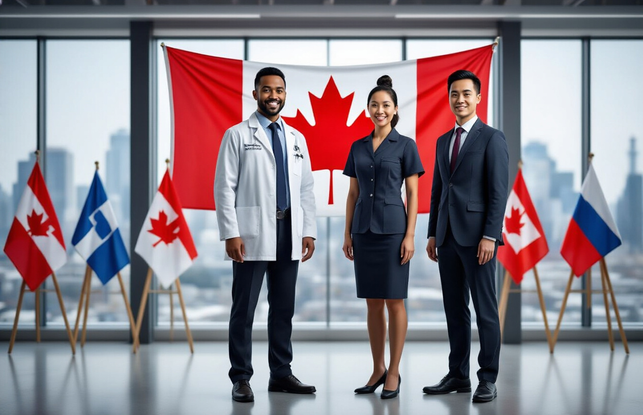 Create a realistic image of a diverse group of professionals including a white male engineer, a black female healthcare worker, and an Asian male IT specialist standing confidently in front of a large Canadian flag backdrop, with provincial flags of different Canadian provinces displayed on easels around them, bright professional lighting illuminating the scene, modern office environment with glass windows showing a city skyline, conveying success and opportunity, absolutely NO text should be in the scene.