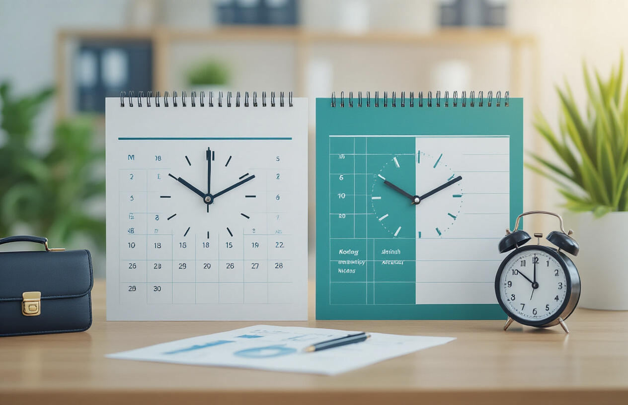Create a realistic image of a split-screen comparison showing two different timelines represented by calendar pages and clock faces, with one side showing a faster timeline with fewer calendar months and an accelerated clock, and the other side showing a longer timeline with more calendar months and a slower-moving clock, set against a clean office background with soft natural lighting, including subtle visual elements like application documents and briefcases to represent the job-seeking process, rendered in professional blue and green color schemes to distinguish the two pathways, absolutely NO text should be in the scene.