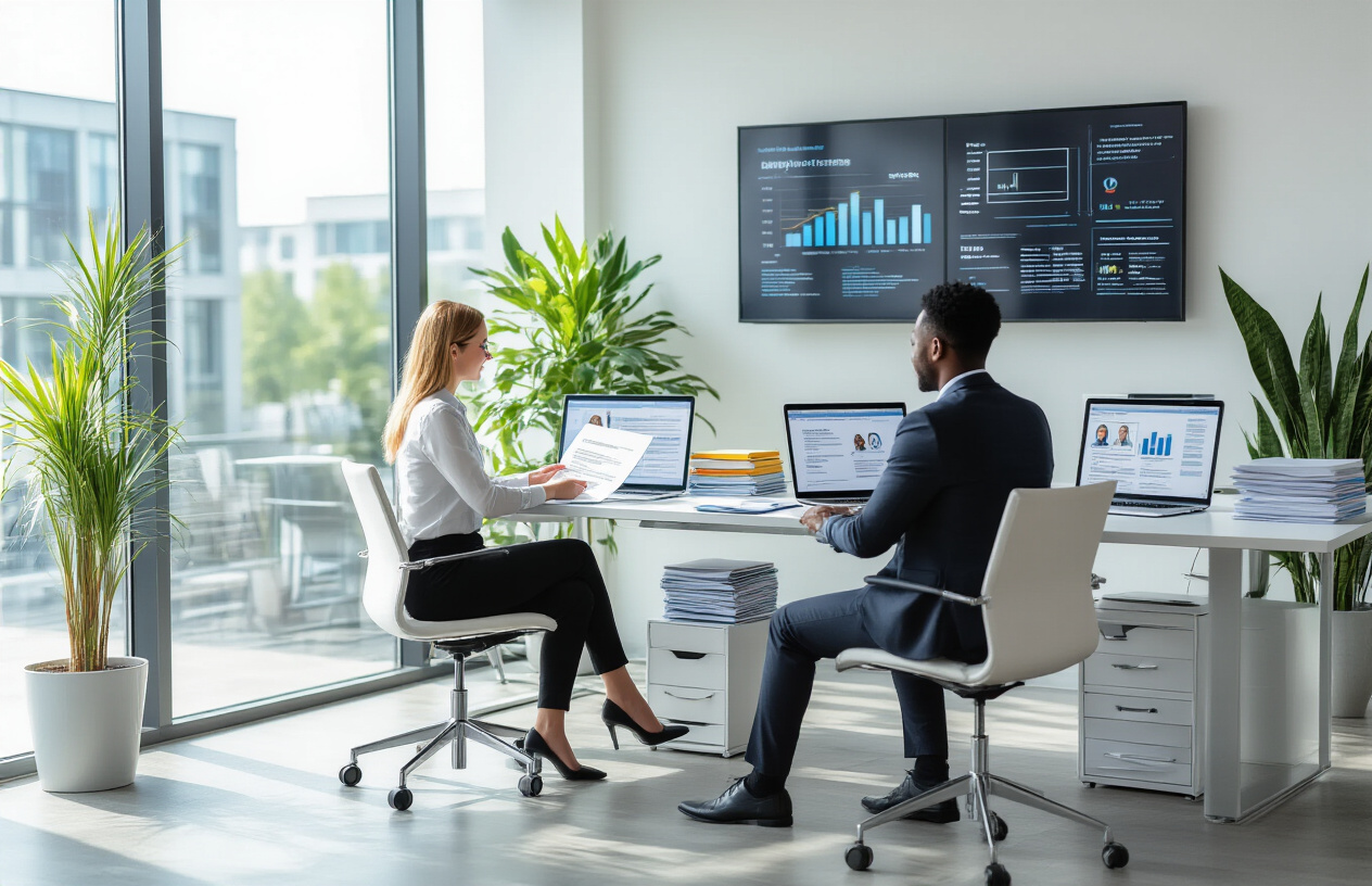 Create a realistic image of a modern office environment with diverse professionals including a white female HR manager reviewing resumes at a sleek desk, a black male candidate in business attire sitting across from her during an interview, multiple open laptops displaying job search websites and application portals, organized stacks of employment documents and folders, a large wall-mounted monitor showing employment statistics charts and graphs, bright natural lighting from large windows, potted plants adding life to the professional atmosphere, and a clean contemporary office setting with glass conference rooms visible in the background, conveying a productive employment analysis environment, absolutely NO text should be in the scene.