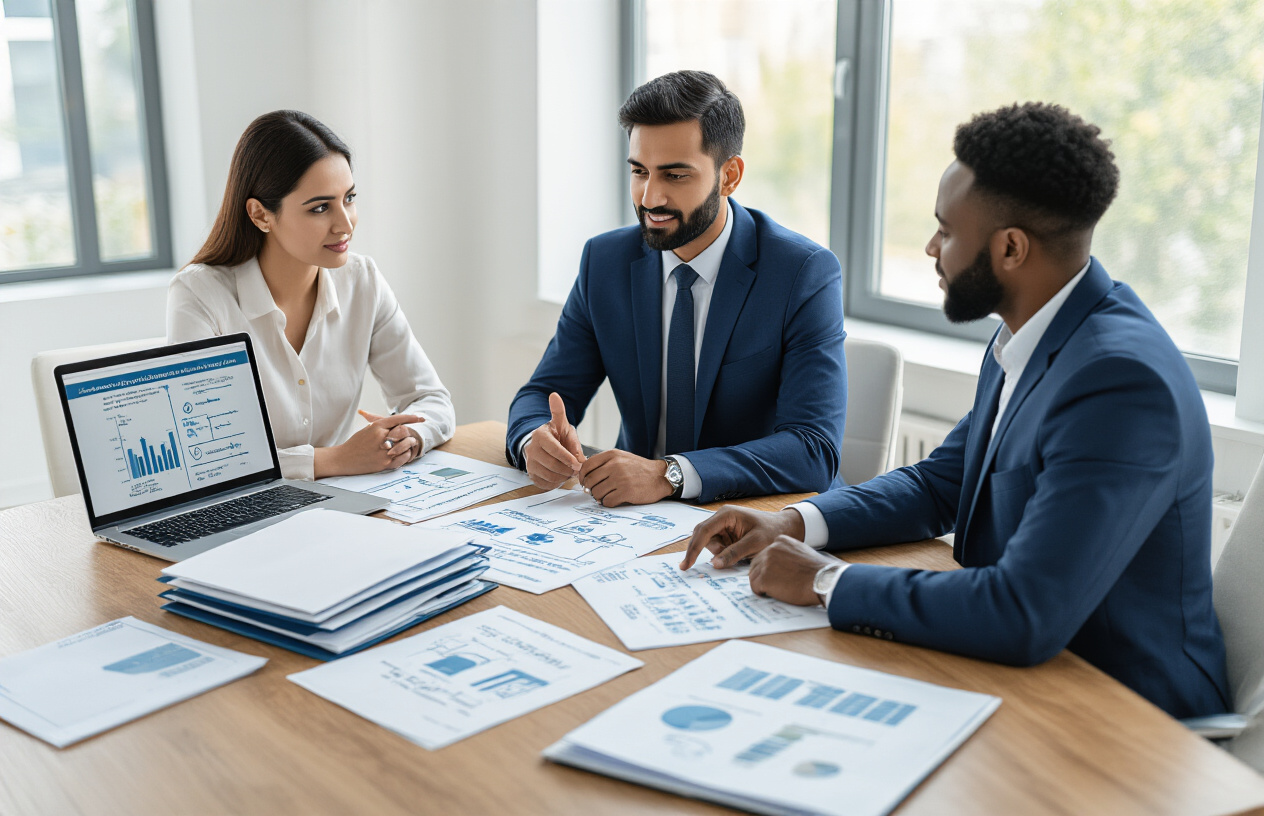 Create a realistic image of a professional consultation scene with a South Asian male immigration consultant in a navy blue suit sitting across from a diverse couple (white female and black male) at a modern wooden desk, with the consultant pointing to decision-making flowcharts and pathway diagrams spread across the table, multiple open folders containing documents visible, a laptop displaying comparison charts, and a clean office environment with soft natural lighting from large windows, conveying a strategic planning atmosphere for immigration decisions, absolutely NO text should be in the scene.