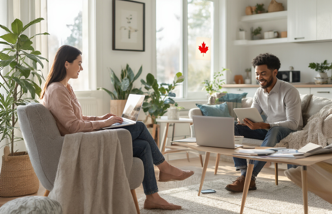 Create a realistic image of a diverse group of professionals working remotely from their home offices across Canada, featuring a white female professional on a video call with her laptop in a modern home office, a black male entrepreneur working on a tablet while sitting in a cozy living room, and an Asian female businesswoman reviewing documents at a kitchen table, with Canadian maple leaf elements subtly incorporated into the decor, bright natural lighting streaming through windows, modern technology devices scattered throughout the scenes, plants and comfortable furniture creating a productive yet relaxed atmosphere, capturing the essence of Canada's evolving business landscape with a warm and optimistic mood, absolutely NO text should be in the scene.