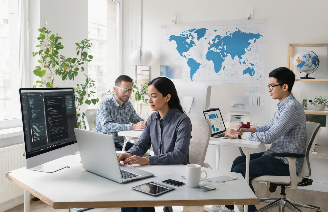Create a realistic image of a diverse group of professionals working remotely from different locations around the world, showing a white male software developer at a modern desk in a home office, a black female data analyst working on a laptop in a contemporary co-working space, and an Asian male designer collaborating on a tablet from a bright apartment, with subtle visual elements like a world map or globe in the background suggesting global connectivity, modern technology devices and high-quality workspaces emphasizing elite talent, bright natural lighting creating a professional and aspirational mood, absolutely NO text should be in the scene.