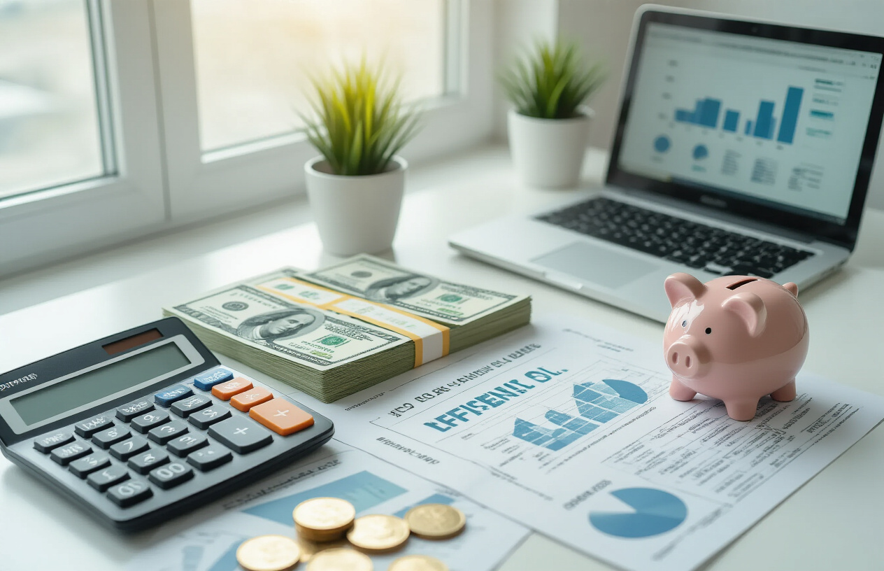 Create a realistic image of a modern office desk with a calculator displaying cost savings calculations, stacks of Canadian dollar bills, a laptop showing efficiency graphs and charts, a piggy bank, and financial documents spread across the surface, set against a clean white background with soft natural lighting from a window, conveying a sense of financial success and operational streamlining, absolutely NO text should be in the scene.