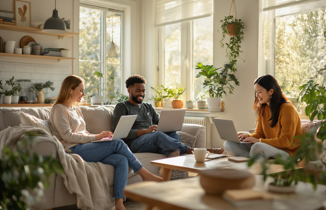 Create a realistic image of a diverse group of remote workers including a white female, black male, and Asian female working comfortably from their respective home environments, with one person sitting in a cozy living room with a laptop, another at a kitchen table with a coffee cup nearby, and the third in a bright home office space with plants, all appearing relaxed and focused while natural sunlight streams through windows, creating a warm and balanced atmosphere that conveys productivity merged with personal comfort, absolutely NO text should be in the scene.