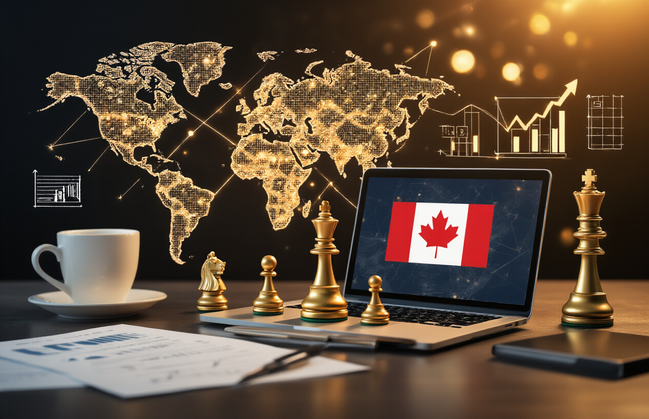 Create a realistic image of a dynamic global business scene showing a world map with glowing connection lines between major cities, a laptop displaying Canadian flag elements on screen, chess pieces including a golden king piece prominently positioned, upward trending arrows and growth charts floating in the background, modern office elements like documents and a coffee cup on a sleek desk surface, warm golden lighting creating an atmosphere of success and opportunity, absolutely NO text should be in the scene.