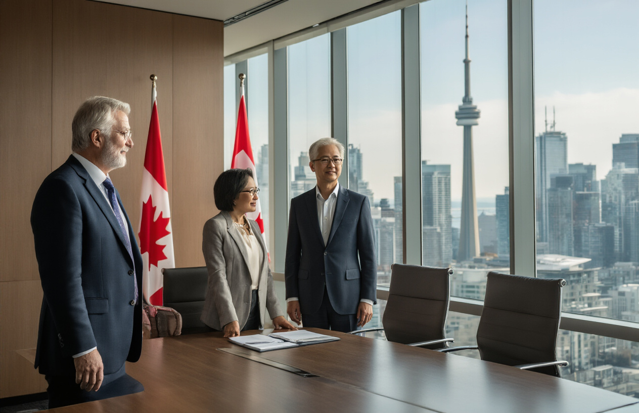 Create a realistic image of a diverse group of mature executives in their 50s and 60s including a white male, black female, and Asian male, all in professional business attire, standing confidently in a modern Canadian office boardroom with floor-to-ceiling windows showing the Toronto skyline including the CN Tower, with Canadian flags subtly placed in the background, bright natural lighting creating a welcoming atmosphere, the executives appear engaged in collaborative discussion around a sleek conference table, conveying expertise and international business success, absolutely NO text should be in the scene.