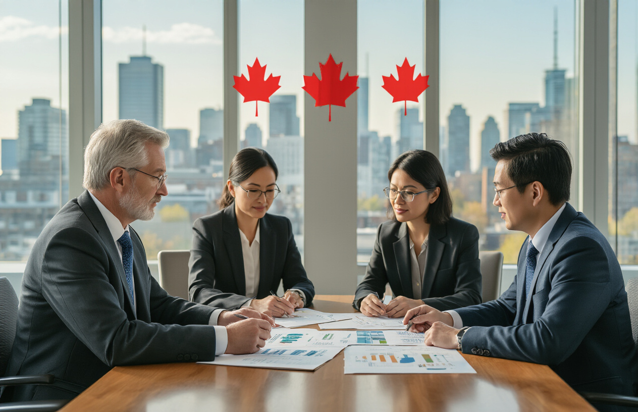 Create a realistic image of a professional meeting scene with a diverse group of senior executives including a white male in his 50s wearing a business suit, a black female executive in professional attire, and an Asian male in a tailored jacket, all seated around a modern conference table reviewing immigration documents and pathway charts, with Canadian maple leaf symbols subtly visible on wall decorations, set in a bright contemporary office with large windows showing a city skyline, warm natural lighting creating a welcoming and professional atmosphere, absolutely NO text should be in the scene.
