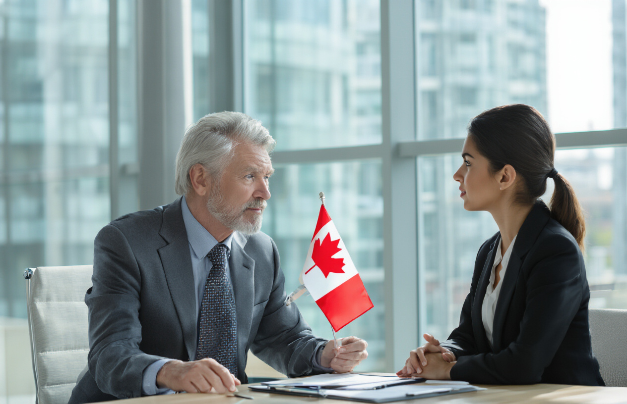Create a realistic image of a mature white male executive in his 50s wearing a professional business suit, sitting confidently at a modern office desk during a job interview, facing across from a younger female HR manager of mixed ethnicity, with the Canadian flag subtly visible in the background, bright natural lighting streaming through large office windows, professional corporate setting with modern furniture and decor, conveying determination and professionalism despite age-related workplace challenges, absolutely NO text should be in the scene.