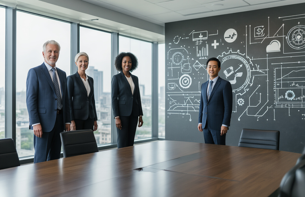 Create a realistic image of a diverse group of mature executives in their 50s including a white male, black female, and Asian male in professional business attire standing confidently in a modern corporate boardroom, with industry symbols subtly displayed on a wall behind them including healthcare crosses, technology circuit patterns, finance graphs, and manufacturing gears, natural lighting streaming through large windows, conveying leadership and expertise, absolutely NO text should be in the scene.