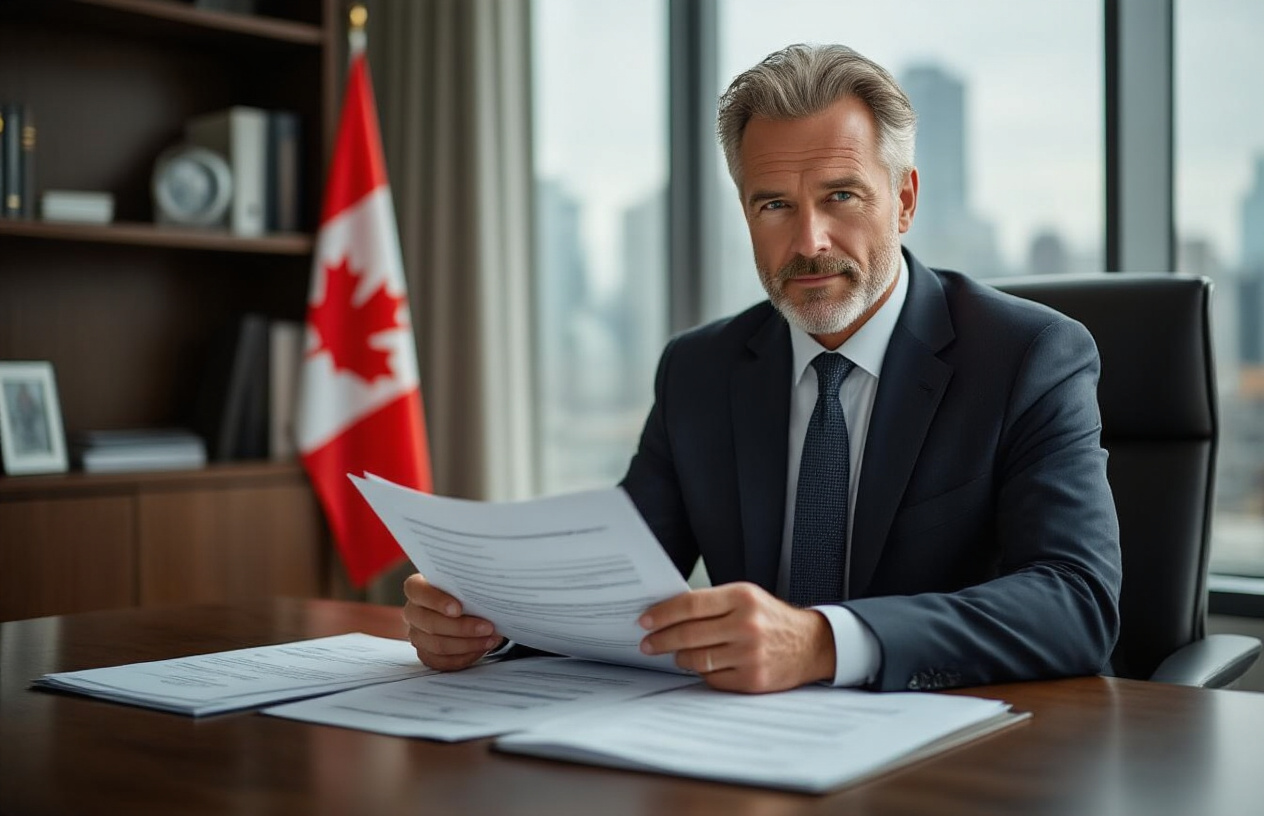 Create a realistic image of a confident white male executive over 50 in a sharp business suit sitting at a modern office desk, reviewing polished resume documents and professional portfolio materials, with a Canadian flag subtly visible on a bookshelf in the background, bright natural lighting from large windows creating a professional atmosphere, the scene conveying preparation and optimization of executive credentials, absolutely NO text should be in the scene.