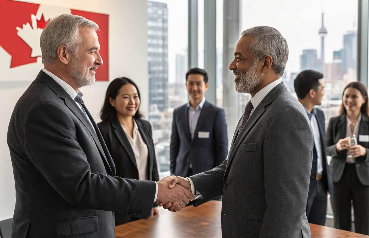 Create a realistic image of a mature white male executive in his 50s wearing a professional business suit shaking hands with a diverse group of Canadian business professionals including a black female and an Asian male in a modern office networking event, with people engaged in professional conversations in the background, Canadian maple leaf subtly visible on wall art, warm professional lighting, contemporary corporate setting with large windows showing city skyline, absolutely NO text should be in the scene.