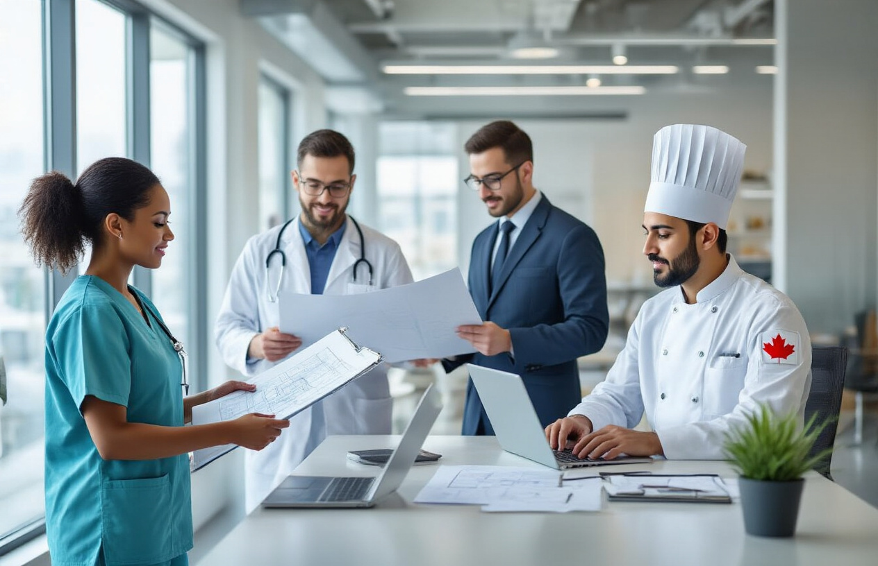 Create a realistic image of a diverse group of professionals in a modern Canadian office environment including a black female healthcare worker in scrubs, a white male engineer reviewing blueprints, an Asian female technology specialist working on a laptop, and a Middle Eastern male chef in professional kitchen attire, all appearing confident and engaged in their respective fields, with subtle Canadian maple leaf symbols visible on office materials, bright natural lighting from large windows, contemporary workspace design with glass partitions and modern furniture, conveying opportunity and professional success. Absolutely NO text should be in the scene.