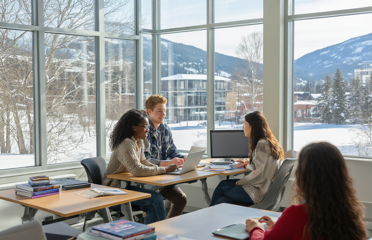 Create a realistic image of diverse international students including black female, white male, and Asian female students sitting at modern university desks in a bright Canadian classroom, with French textbooks and educational materials visible on their desks, large windows showing snowy Canadian landscape outside, warm natural lighting creating an inspiring academic atmosphere, students appearing engaged and focused on their studies, modern educational technology like laptops and tablets present, Canadian university setting with contemporary furniture and architecture, absolutely NO text should be in the scene.