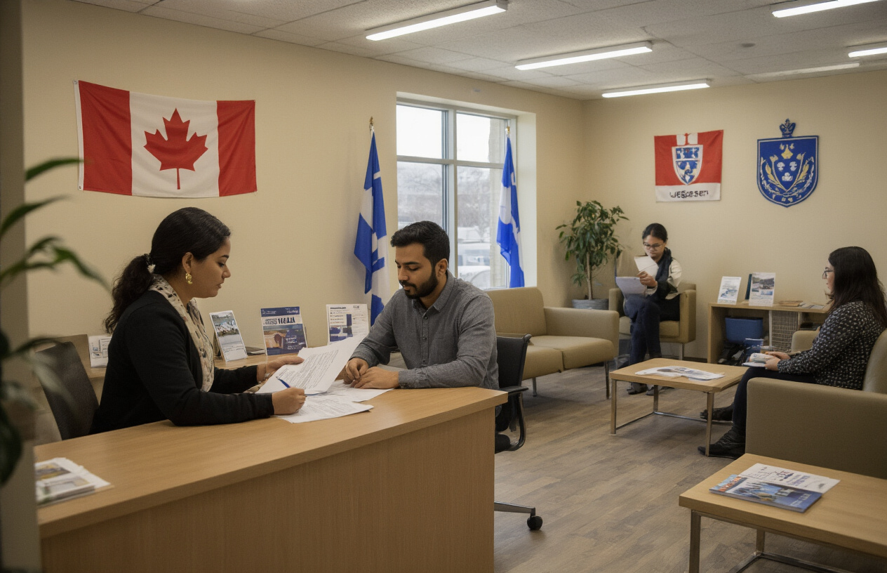 Create a realistic image of a modern Canadian community center or government office interior where diverse francophone newcomers are receiving settlement support services, showing a black female counselor sitting at a desk helping a Middle Eastern male immigrant with paperwork, while an Asian female newcomer speaks with a white male advisor in the background, Canadian flags and Quebec provincial symbols visible on walls, warm fluorescent lighting creating a welcoming professional atmosphere, comfortable seating areas with informational brochures displayed on tables, absolutely NO text should be in the scene.