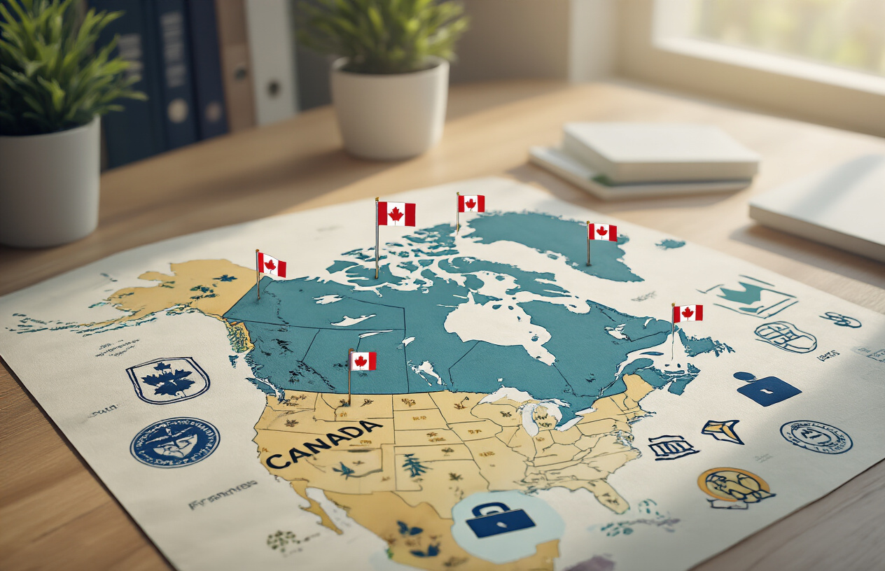 Create a realistic image of a detailed map of Canada highlighting key provinces like Quebec, New Brunswick, Ontario, and Manitoba with small French flag icons placed on these provincial hotspots, surrounded by immigration-related symbols such as maple leaf emblems, benefit icons showing healthcare symbols, education symbols, and employment opportunities represented by briefcase icons, all arranged on a modern office desk with soft natural lighting from a window, creating a professional and welcoming atmosphere that conveys opportunities and benefits for French-speaking immigrants, absolutely NO text should be in the scene.