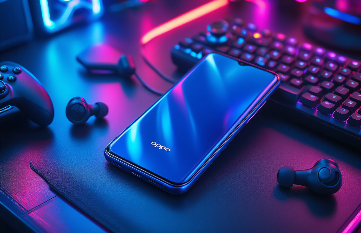 Create a realistic image of an Oppo Reno 13F smartphone lying flat on a dark gaming desk surface with vibrant LED gaming lights reflecting off its sleek surface, surrounded by gaming accessories like wireless earbuds and a gaming controller, with dynamic blue and purple neon lighting creating an energetic gaming atmosphere, showing the phone's premium build quality and modern design that appeals to mobile gamers, absolutely NO text should be in the scene.