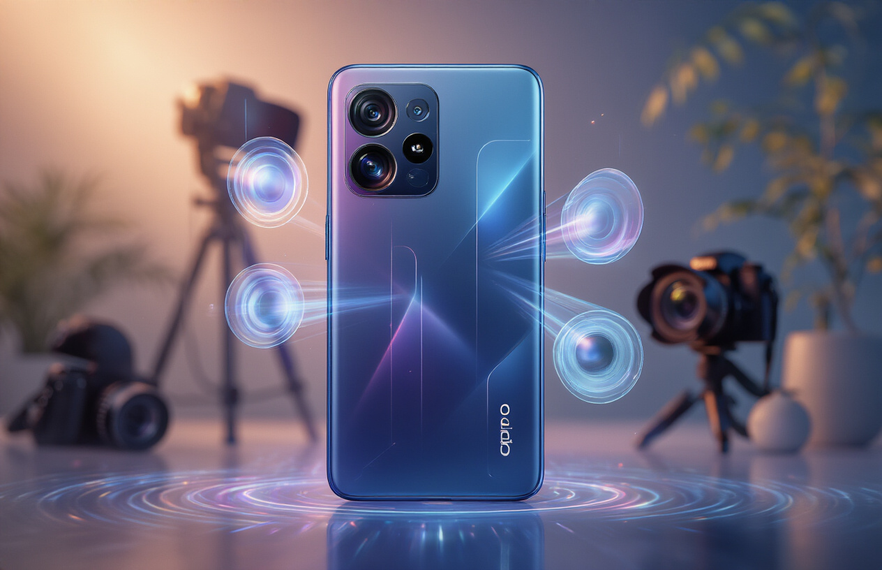 Create a realistic image of an Oppo Reno 13F smartphone positioned at a dynamic angle showcasing its advanced camera system with multiple lenses prominently visible, surrounded by floating holographic camera interface elements and light rays emanating from the camera module, set against a sleek modern tech environment with soft blue and purple gradient lighting, professional photography equipment blurred in the background, creating a futuristic and innovative atmosphere that represents revolutionary camera technology upgrade, absolutely NO text should be in the scene.