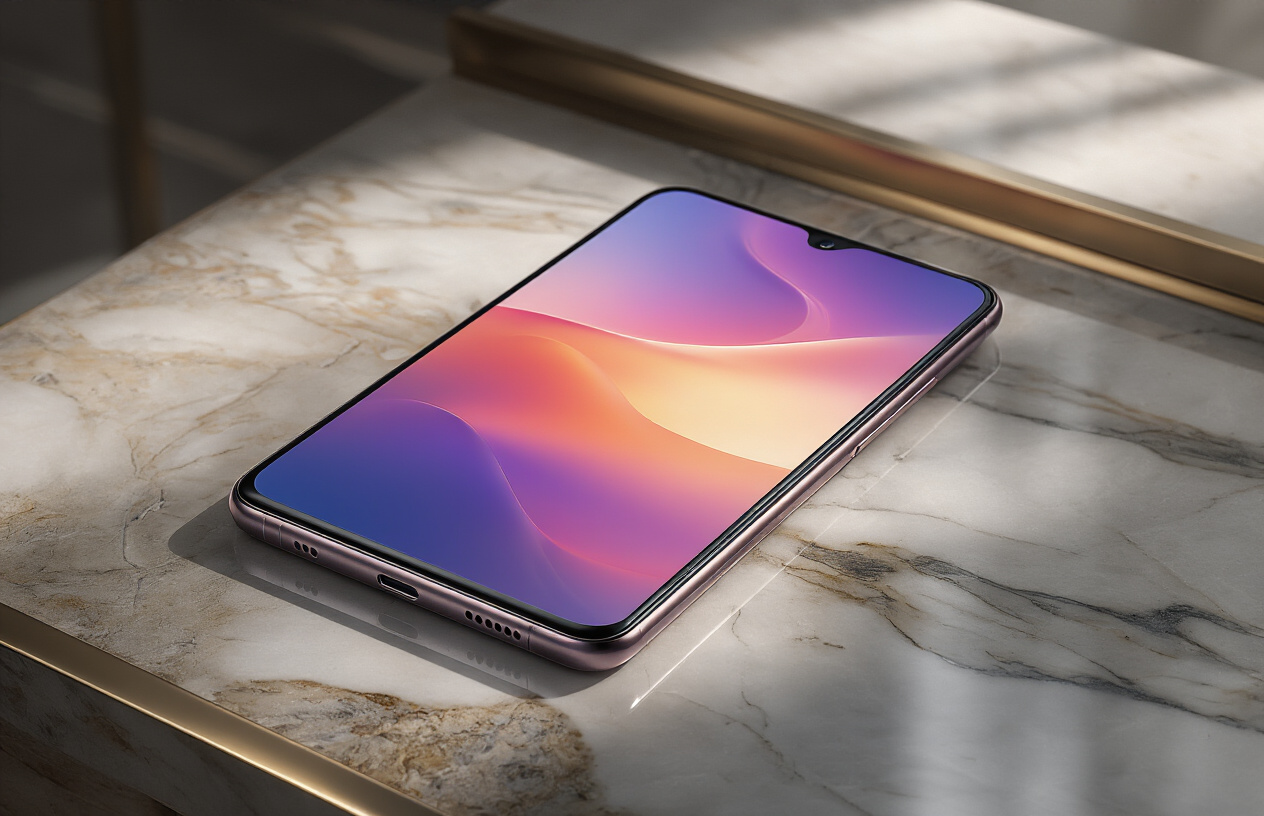 Create a realistic image of an Oppo Reno 13F smartphone positioned at an elegant angle on a premium marble surface, showcasing its sleek design with a vibrant, edge-to-edge display featuring colorful wallpaper, premium metallic frame catching soft studio lighting, minimalist luxury background with subtle gradients, professional product photography lighting setup creating gentle reflections on the device's glossy finish, emphasizing the phone's modern aesthetic and build quality, absolutely NO text should be in the scene.