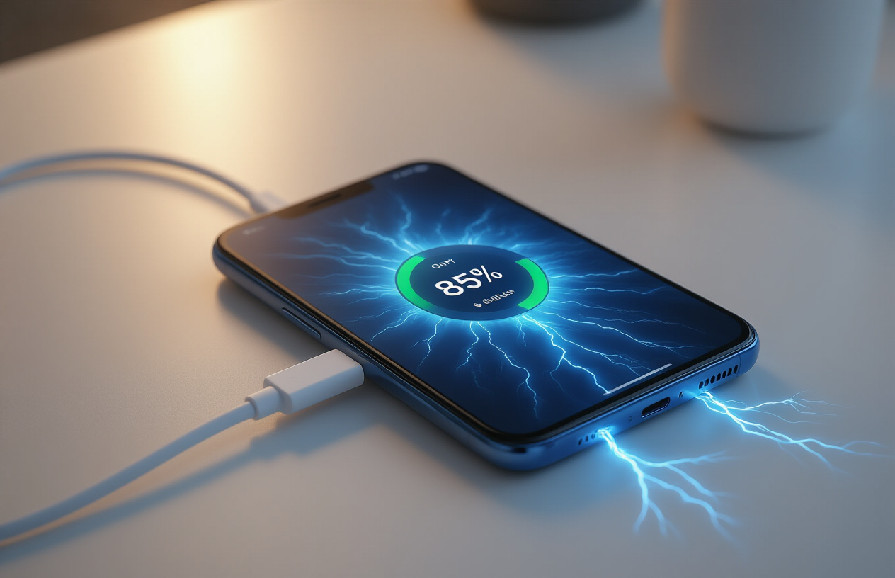 Create a realistic image of an Oppo Reno 13F smartphone lying flat on a modern white desk surface with a sleek fast charging cable connected to it, displaying a battery charging animation on the screen showing 85% charge level, surrounded by subtle blue electrical energy effects radiating from the charging port, with a contemporary minimalist background featuring soft ambient lighting that highlights the phone's premium design and the charging technology, creating a high-tech atmosphere that emphasizes advanced battery and charging capabilities, absolutely NO text should be in the scene.