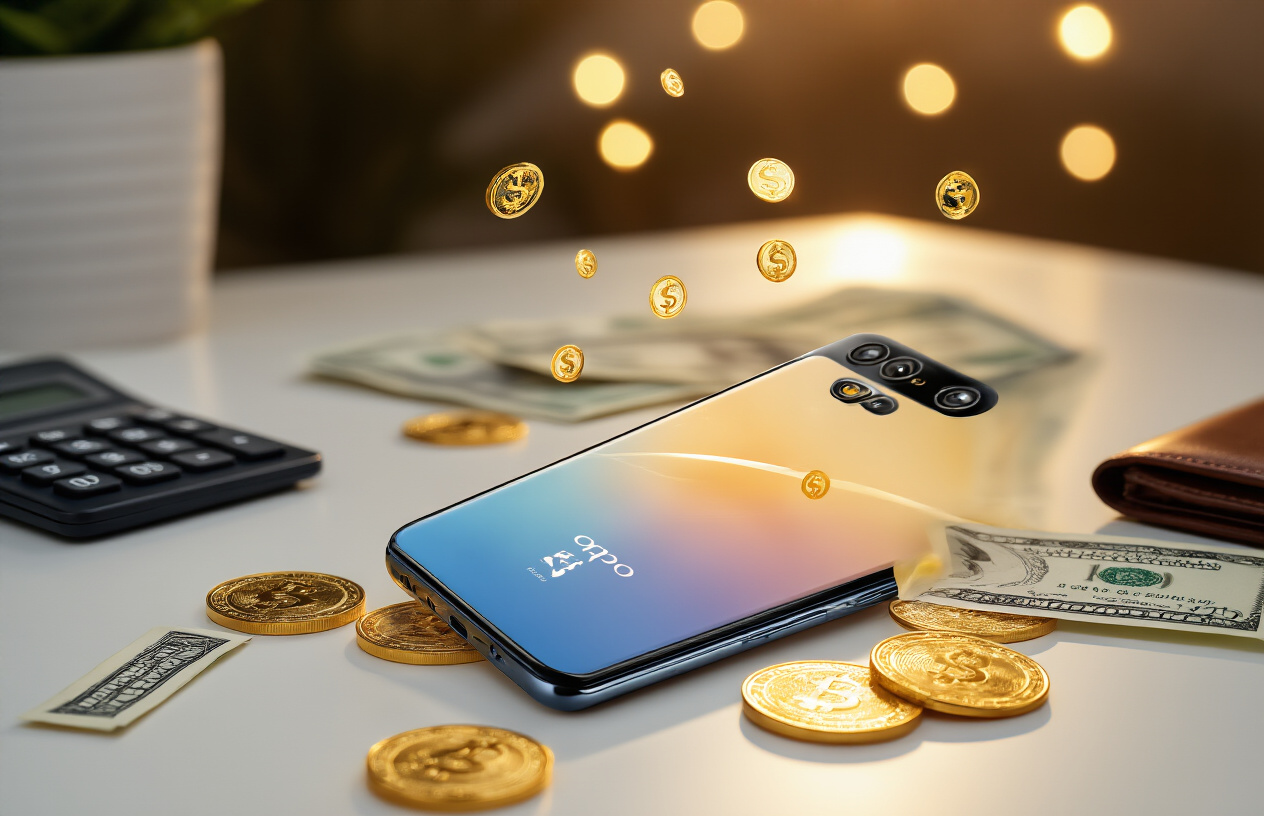 Create a realistic image of an Oppo Reno 13F smartphone displayed prominently on a clean white surface with golden coins and currency notes scattered around it, a calculator and wallet nearby, soft warm lighting creating an appealing commercial photography atmosphere, price tags or value symbols floating subtly in the background, professional product photography setup with shallow depth of field, absolutely NO text should be in the scene.