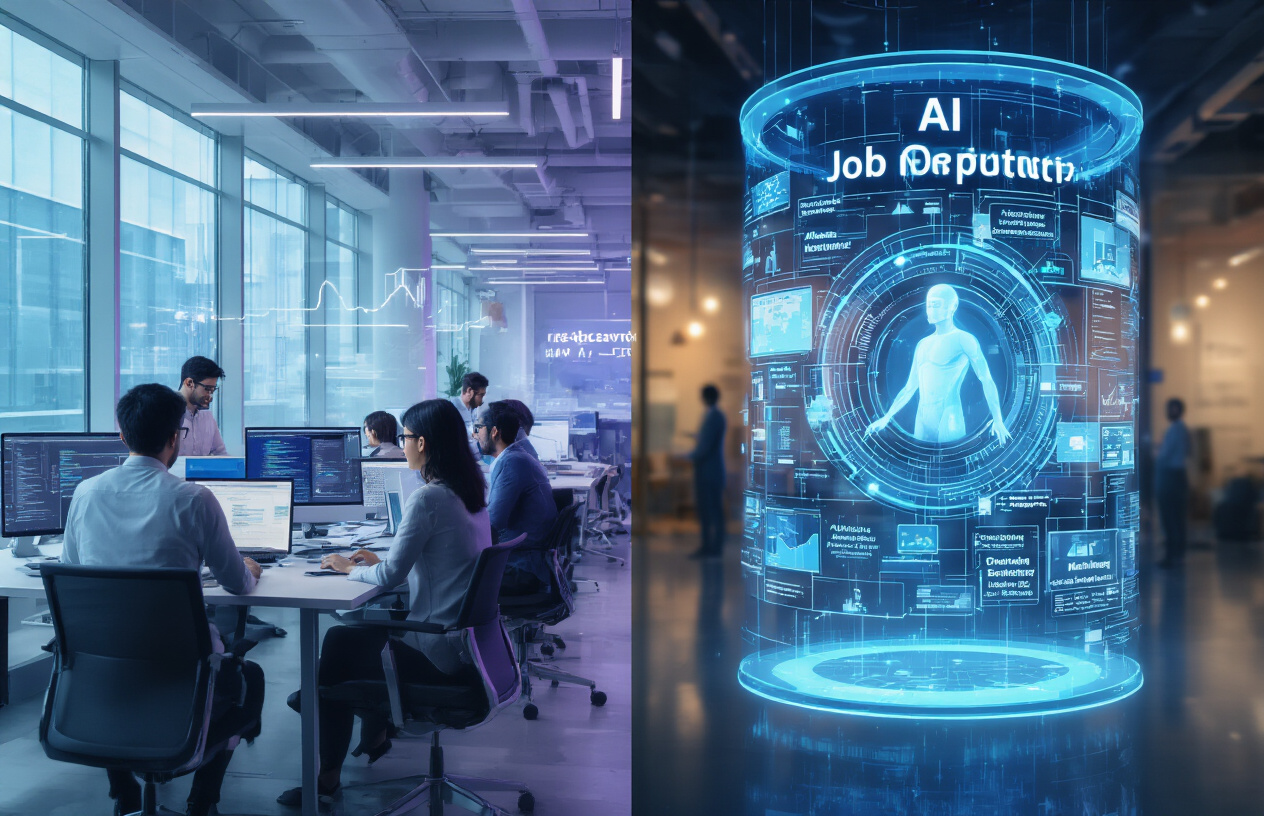 Create a realistic image of a modern digital workspace showing the current AI job market landscape with a split-screen composition - on the left side display a bustling tech office environment with diverse professionals including white male and Indian female data scientists working on computers with AI algorithms and code on screens, on the right side show futuristic holographic job opportunity displays floating in the air featuring AI-related career paths like machine learning engineer, AI researcher, and data analyst positions, the background should have a sleek corporate setting with glass walls and modern furniture, the lighting should be bright and professional with blue and purple tech-inspired accent lighting, the overall mood should convey growth, opportunity, and technological advancement in the AI employment sector, absolutely NO text should be in the scene.