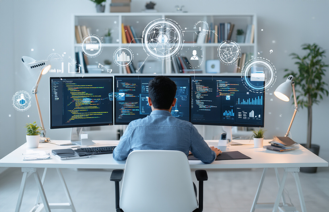 Create a realistic image of a modern workspace showing AI-related technology symbols and career elements: a sleek desk with multiple computer monitors displaying code, neural network diagrams, and data visualizations, surrounded by floating holographic icons representing machine learning, programming languages, robotics, and data science, with a professional Indian male software developer working at the computer, warm ambient lighting from desk lamps creating a focused learning atmosphere, clean minimalist office background with bookshelves containing technical books, absolutely NO text should be in the scene.