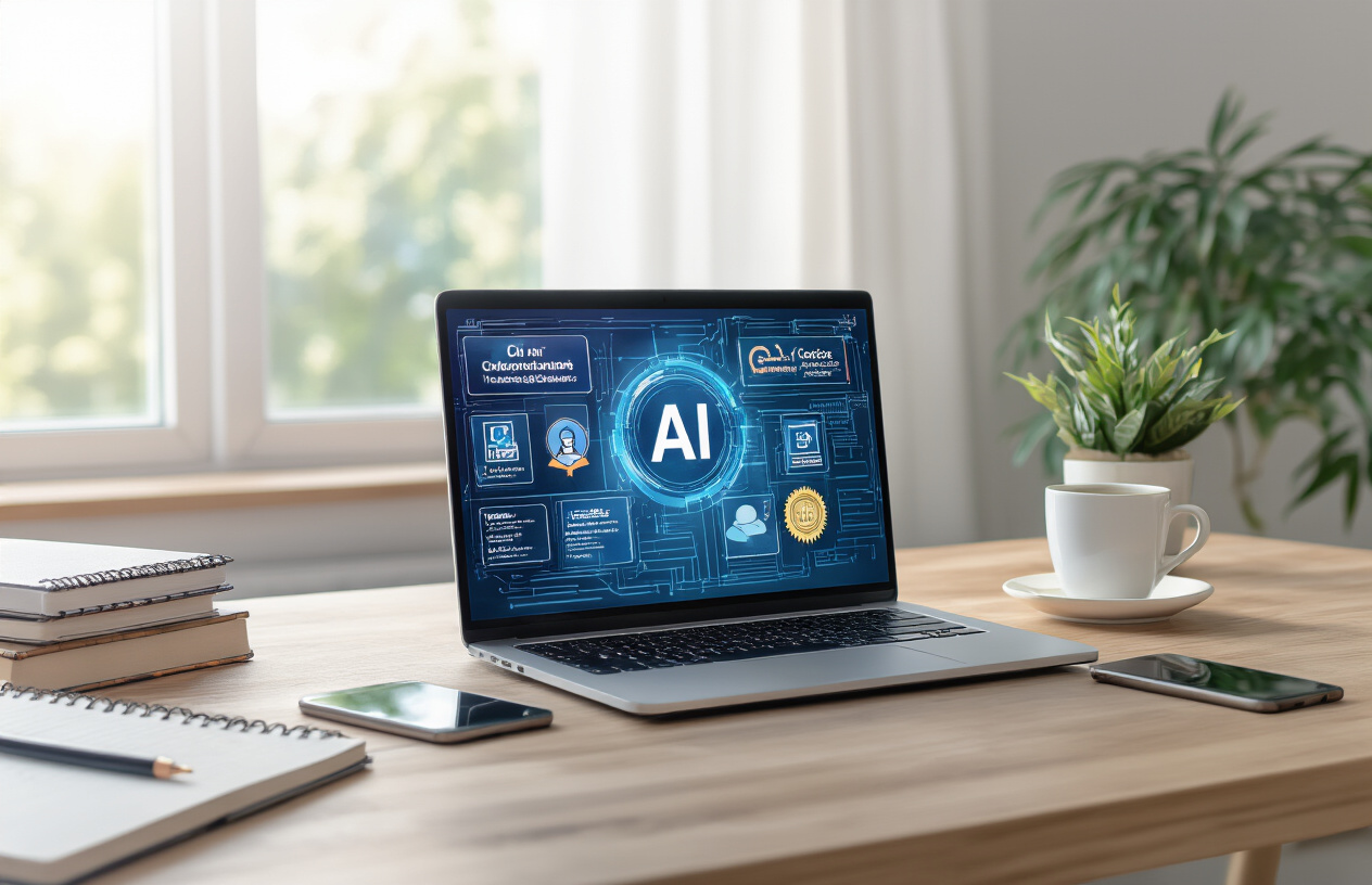 Create a realistic image of a modern laptop computer displaying a vibrant dashboard with AI course thumbnails and certification badges on the screen, surrounded by educational materials like notebooks, a coffee cup, and a smartphone on a clean wooden desk, with soft natural lighting from a window creating a professional learning environment, complemented by subtle tech elements like circuit board patterns in the background, absolutely NO text should be in the scene.