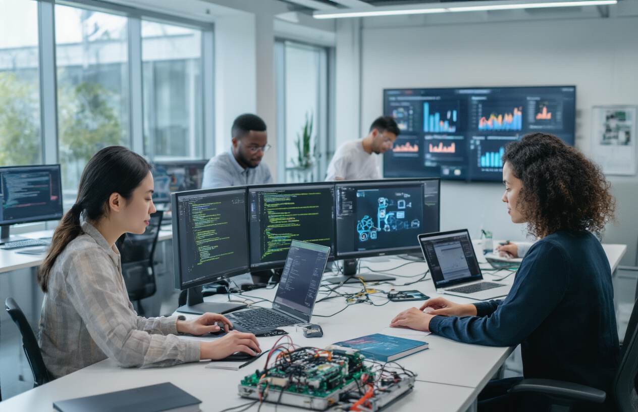 Create a realistic image of a diverse group of professionals actively engaging in hands-on AI learning activities in a modern tech workspace, featuring an Asian female working on machine learning code on multiple monitors, a Black male collaborating on a robotics project with circuit boards and sensors, and a White female analyzing data visualizations on a large interactive screen, with laptops, tablets, AI textbooks, and technical equipment scattered across sleek desks, set against a bright contemporary office environment with glass walls and natural lighting streaming in, conveying an atmosphere of focused learning and practical skill development, absolutely NO text should be in the scene.