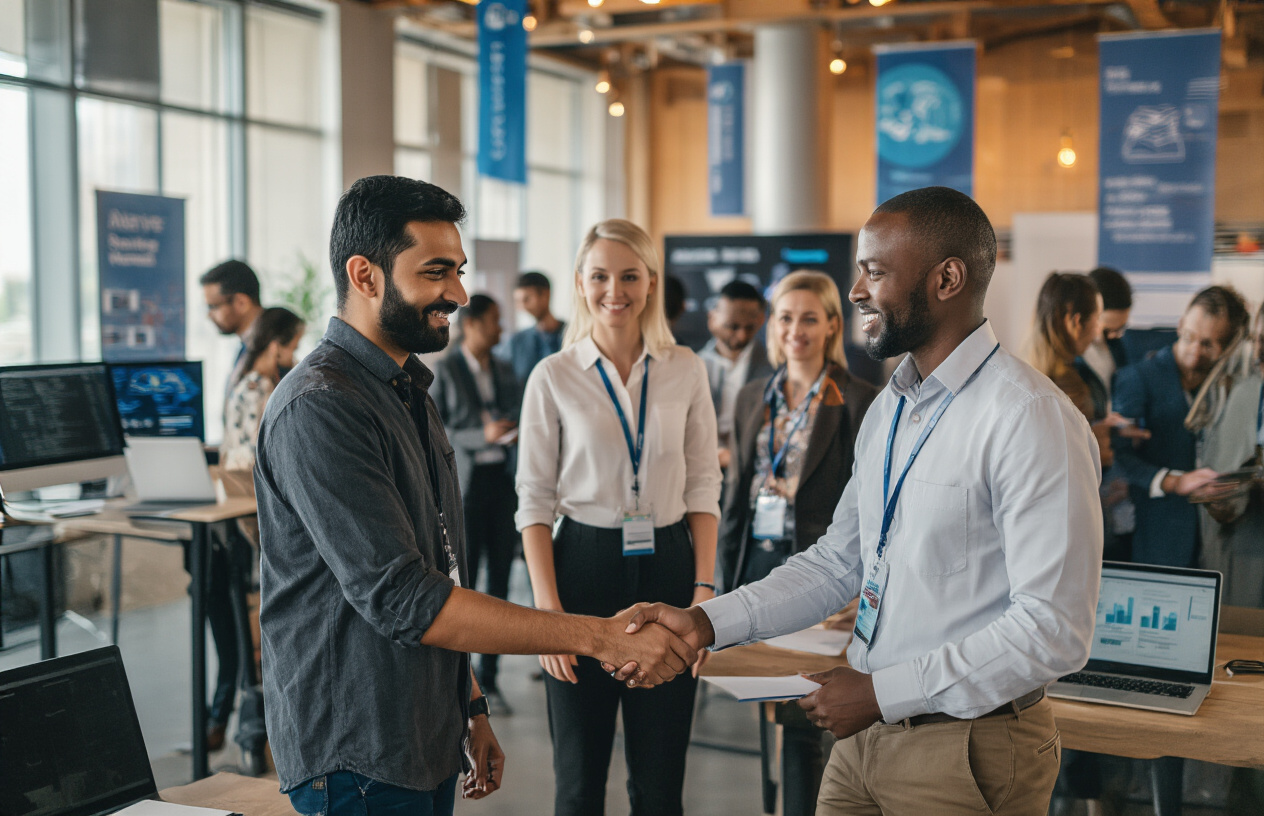 Create a realistic image of a diverse group of professionals networking at a modern tech conference, featuring a South Asian male and a white female shaking hands in the foreground while an African American male joins their conversation, with other professionals of various ethnicities mingling in the background, all dressed in business casual attire, set in a sleek conference hall with AI and technology-themed banners visible on the walls, warm professional lighting creating an engaging atmosphere of career development and professional connections, laptops and tablets visible on nearby tables, absolutely NO text should be in the scene.
