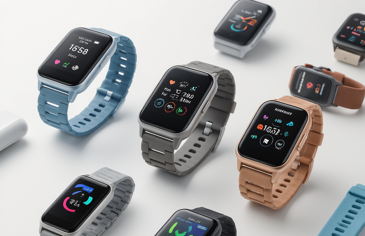 Create a realistic image of multiple affordable smartwatches displayed on a clean white surface showing various key features like fitness tracking icons, heart rate sensors, colorful display screens, different strap materials, and water resistance indicators, with soft even lighting highlighting the devices' modern design and functionality, captured from a slightly elevated angle to showcase the variety of models available in the budget segment. Absolutely NO text should be in the scene.