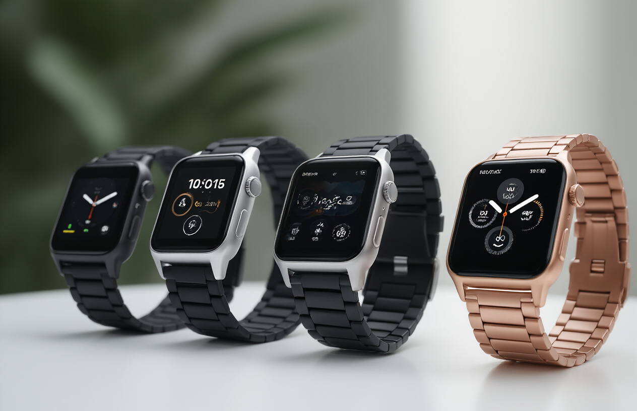 Create a realistic image of multiple affordable smartwatches displayed on a clean white surface, showing 4-5 different budget smartwatch models with various colors including black, silver, and rose gold bands, featuring different watch faces and designs, positioned at slightly different angles to showcase their screens and build quality, with soft even lighting creating minimal shadows, clean modern product photography style background, Absolutely NO text should be in the scene.
