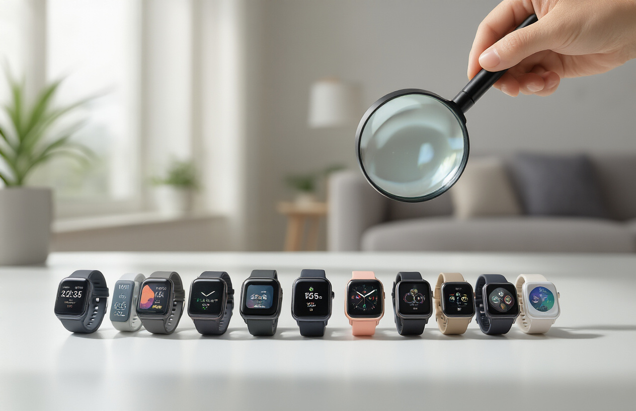 Create a realistic image of multiple budget smartwatches displayed on a clean white surface with a magnifying glass hovering over one watch to examine its features, showing price tags under ₹2500, with soft natural lighting from above creating gentle shadows, and a blurred modern Indian home interior in the background, emphasizing comparison and careful evaluation of different smartwatch models with various colors and designs laid out systematically, absolutely NO text should be in the scene.