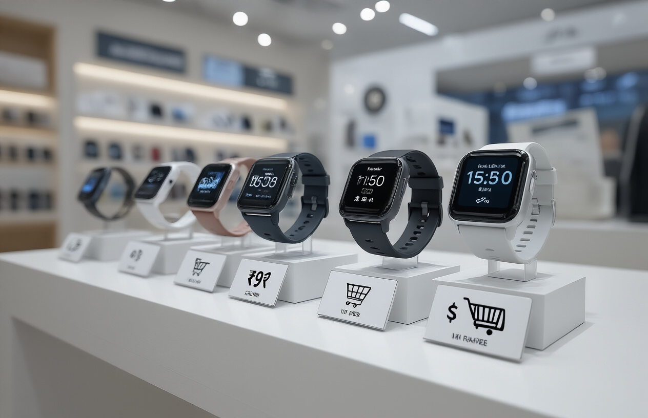 Create a realistic image of various affordable smartwatches displayed on a clean white retail counter with price tags showing rupee symbols, alongside shopping icons representing online and offline stores like e-commerce websites and electronics retail shops, with soft commercial lighting illuminating the scene, conveying a shopping comparison atmosphere for budget-friendly wearable technology in an Indian market context, absolutely NO text should be in the scene.
