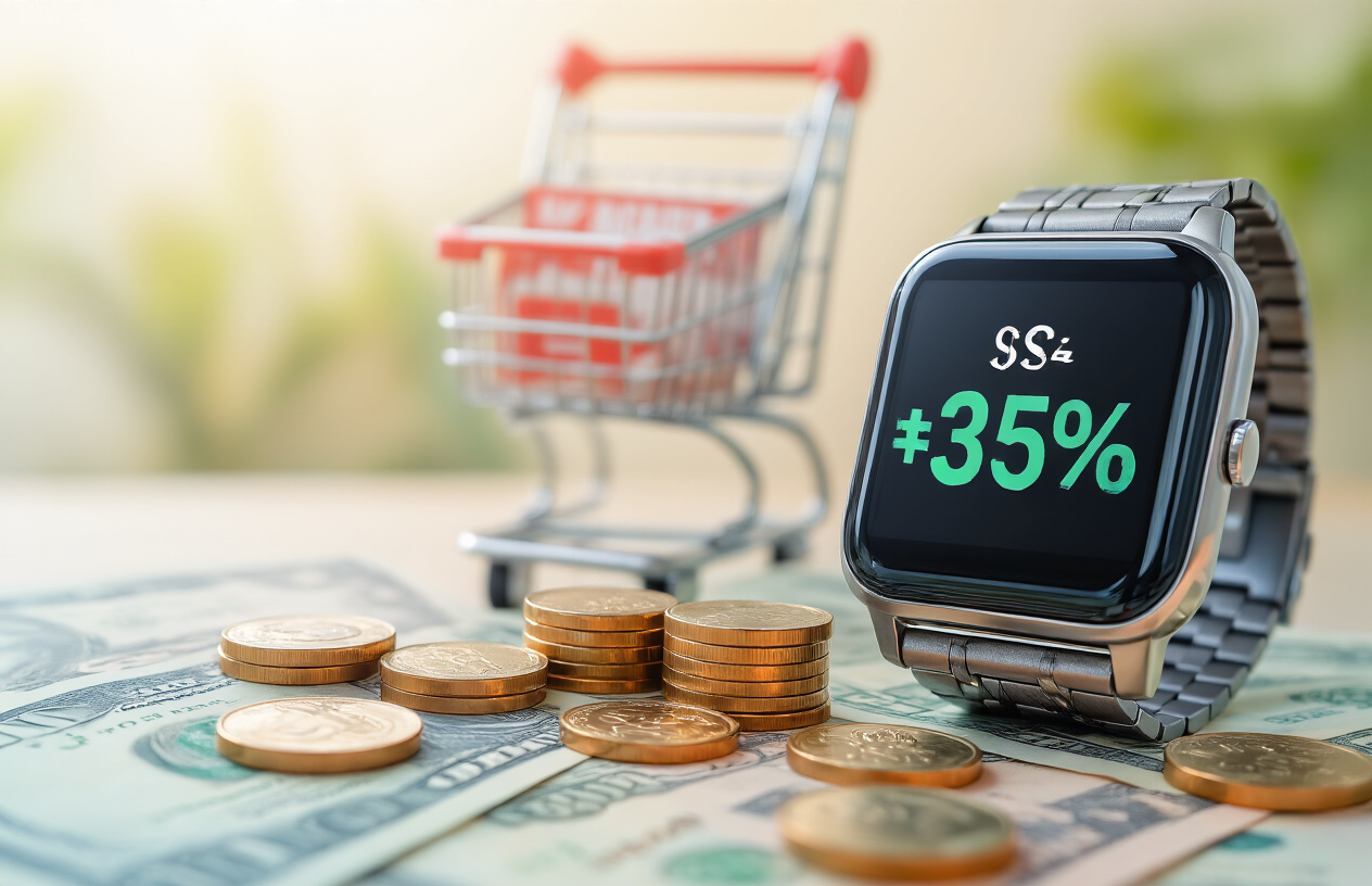 Create a realistic image of a modern Indian rupee currency notes and coins scattered around a sleek smartwatch displaying discount percentage symbols, with a shopping cart icon and price tags in the background, soft natural lighting creating an inviting money-saving atmosphere, warm color palette with blues and greens suggesting financial savings, absolutely NO text should be in the scene.