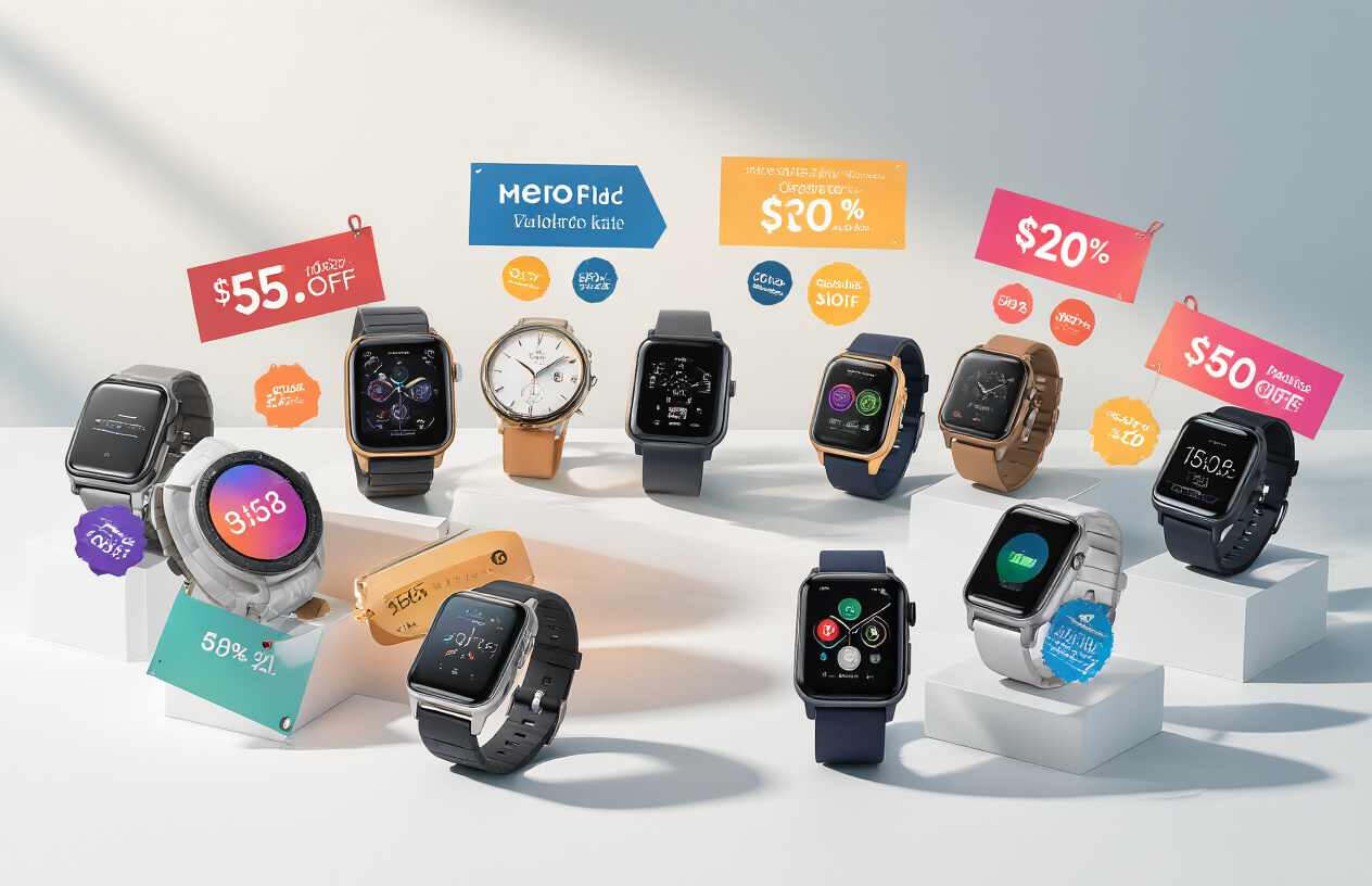 Create a realistic image of multiple premium smartwatches from different brands arranged in organized groups on a clean white surface, each group representing different brand categories with colorful promotional banners and discount tags around them, warm lighting creating subtle shadows, modern e-commerce photography style with a gradient background transitioning from white to light blue, absolutely NO text should be in the scene.