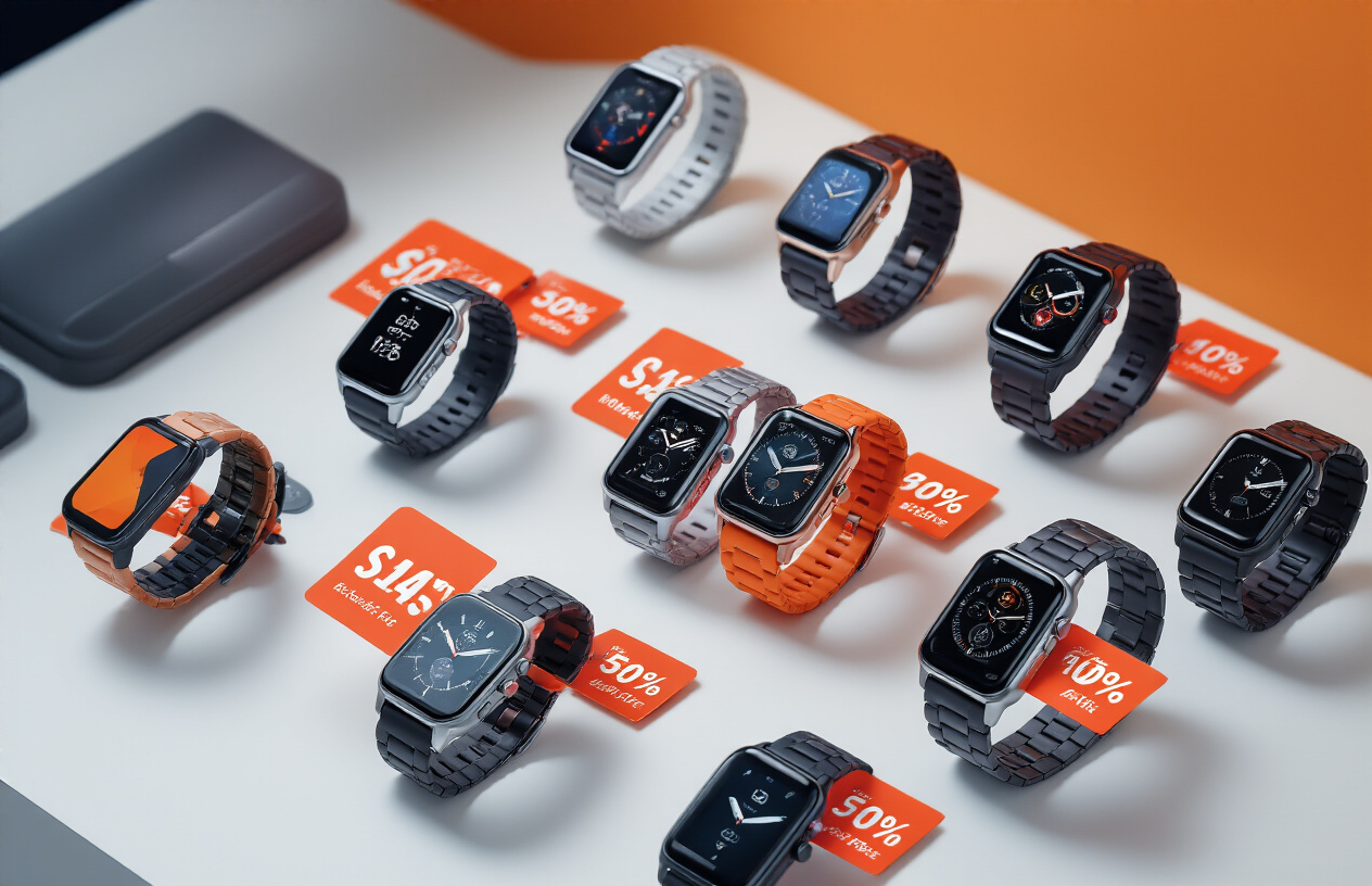 Create a realistic image of multiple premium smartwatches arranged in organized categories on a clean white surface, featuring different styles including fitness trackers, luxury smartwatches, and sport watches, with bright red and orange sale tags displaying percentage discounts attached to each device, warm professional lighting highlighting the metallic and colorful watch bands, Amazon's signature orange and blue color scheme subtly incorporated in the background elements, creating an appealing retail display atmosphere that suggests maximum savings during a shopping festival, absolutely NO text should be in the scene.