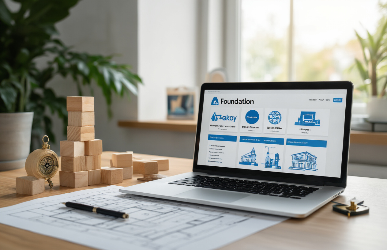 Create a realistic image of a modern workspace scene featuring a laptop computer displaying multiple website platform logos and interface mockups on the screen, surrounded by foundation-building tools like building blocks, a compass, and architectural blueprints spread across a clean wooden desk, with soft natural lighting from a nearby window creating a focused and productive atmosphere, absolutely NO text should be in the scene.