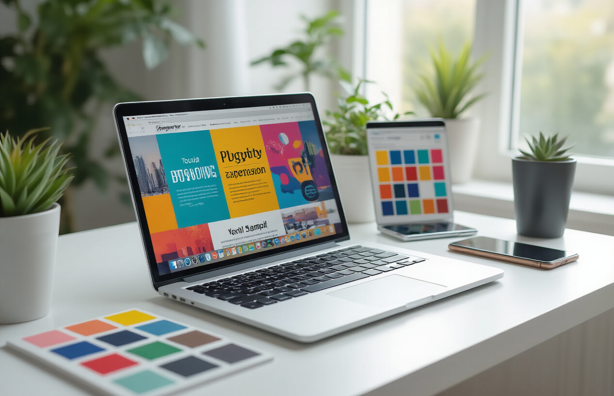 Create a realistic image of a modern workspace featuring a sleek laptop displaying a colorful, well-designed blog interface with vibrant graphics, professional typography, and engaging visual elements on the screen, surrounded by design tools including color swatches, typography samples, and mobile device mockups on a clean white desk, with soft natural lighting from a nearby window creating a bright, creative atmosphere that conveys professionalism and visual appeal, absolutely NO text should be in the scene.