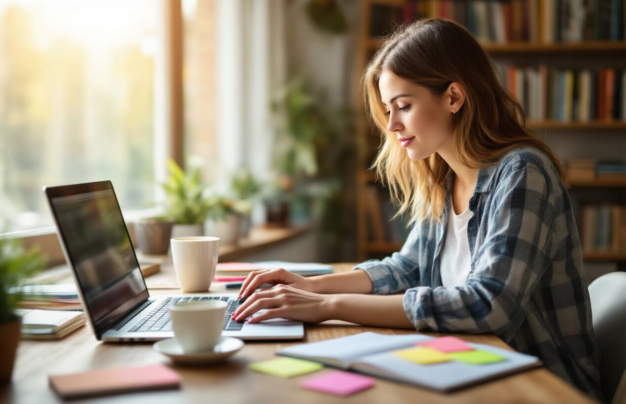Create a realistic image of a focused white female blogger sitting at a modern wooden desk with a laptop computer open, her hands positioned over the keyboard as she types, with a cup of coffee, notebooks, and colorful sticky notes scattered around the workspace, natural daylight streaming through a nearby window creating a warm and inspiring atmosphere, bookshelves filled with writing guides visible in the blurred background, capturing the essence of creative writing and content creation, absolutely NO text should be in the scene.