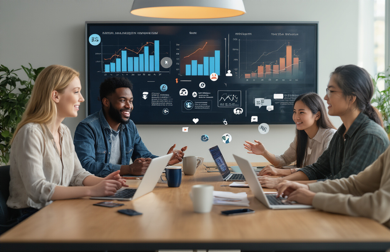 Create a realistic image of a diverse group of people including a white female, black male, and Asian female sitting around a modern conference table with laptops and smartphones, engaged in animated discussion about digital marketing strategies, with growth charts and analytics displayed on a wall-mounted screen in the background, warm office lighting creating an inspiring collaborative atmosphere, showing connection icons and social media engagement symbols floating subtly in the air around them, absolutely NO text should be in the scene.