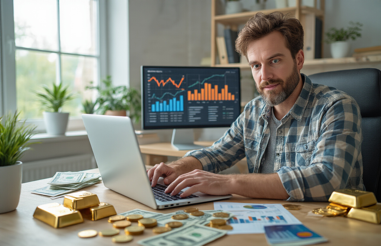 Create a realistic image of a white male blogger sitting at a modern desk with a laptop open, surrounded by visual representations of income streams including dollar bills, coins, gold bars, and credit cards scattered on the desk, with charts and graphs showing upward trending revenue visible on a secondary monitor, in a bright home office setting with natural lighting from a window, conveying success and financial growth through blogging, absolutely NO text should be in the scene.