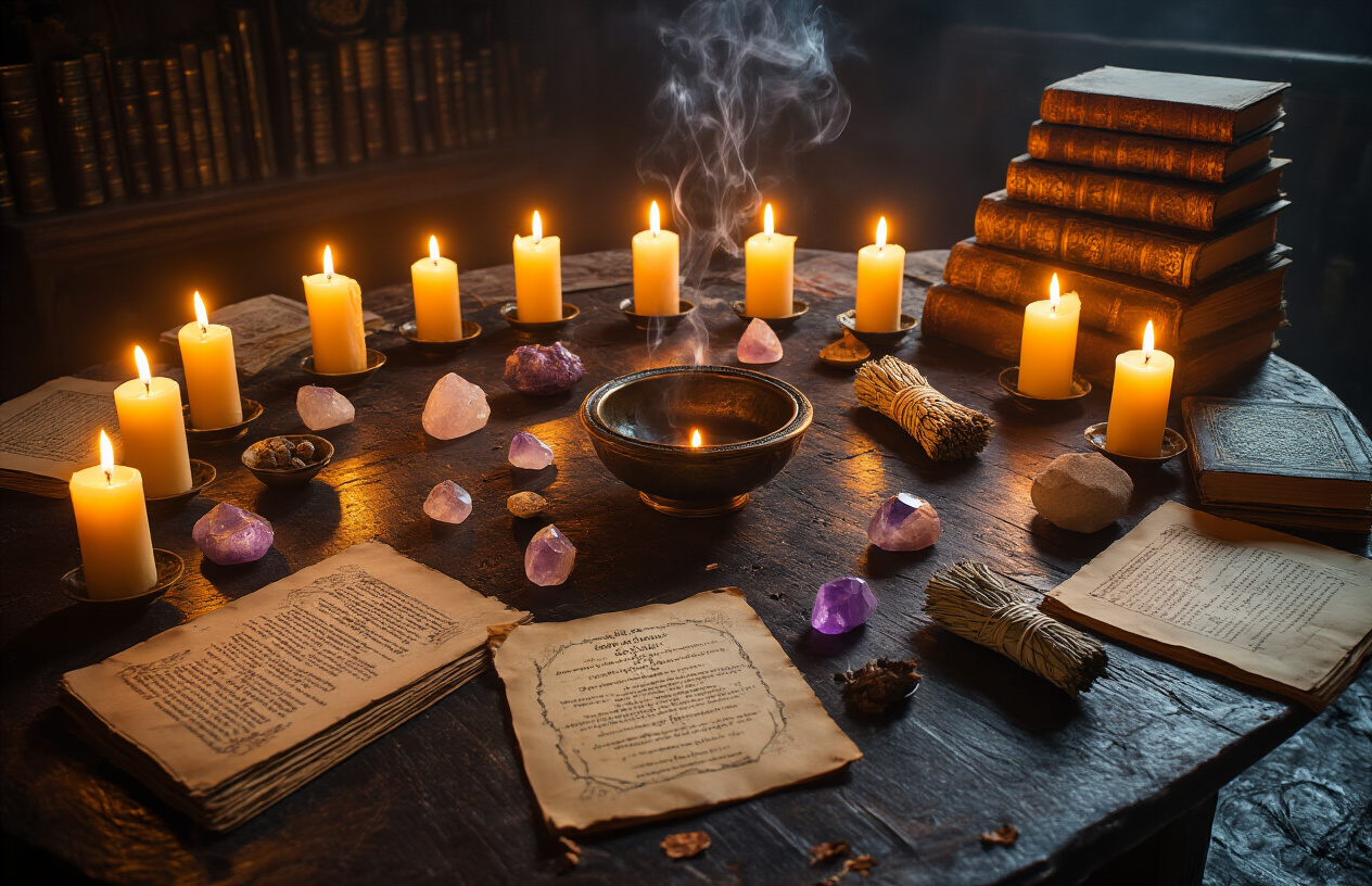 Create a realistic image of a dimly lit ritual space with flickering candles arranged in a circle on a dark wooden table, featuring ritual tools like crystals, sage bundles, and a ceremonial bowl, with dramatic shadows cast by candlelight creating a mystical atmosphere, smoke wisping upward from burning herbs, surrounded by ancient-looking books and parchments, all set against a dark background with warm golden lighting from the candles, absolutely NO text should be in the scene.