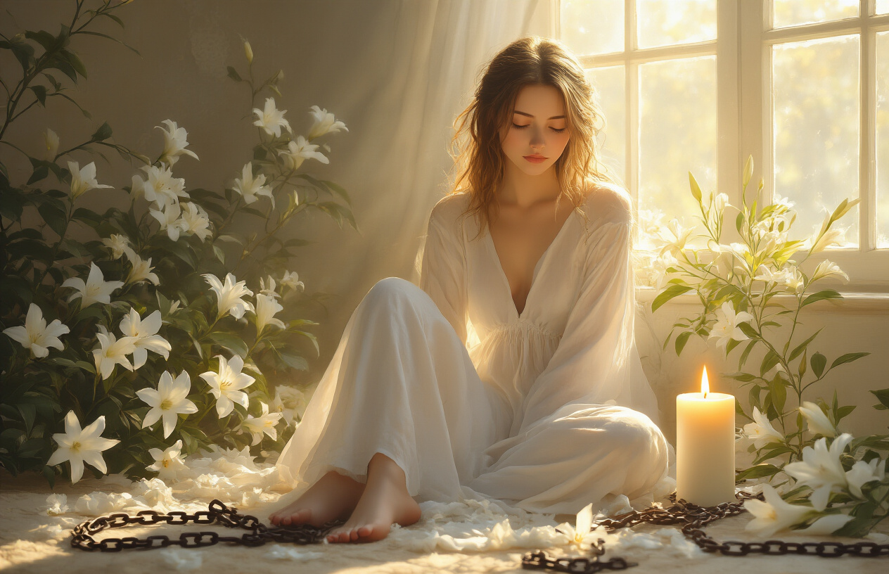 Create a realistic image of a serene meditation space with protective spiritual elements including white sage bundles, burning incense with gentle smoke, crystal formations like amethyst and black tourmaline arranged on a wooden altar table, a white candle flickering softly, and dried herbs in small bowls, set against a peaceful indoor background with warm golden lighting filtering through sheer curtains, creating a calming atmosphere of spiritual cleansing and protection, absolutely NO text should be in the scene.