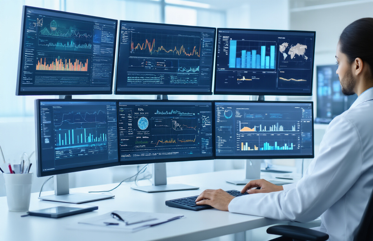 Create a realistic image of a modern healthcare data management system visualization showing multiple computer monitors displaying colorful healthcare analytics dashboards, patient data flowcharts, and electronic health record interfaces in a clean, professional medical office environment with soft blue and white lighting, featuring a white male healthcare administrator and a black female IT specialist working collaboratively at a sleek workstation surrounded by servers and digital infrastructure equipment, absolutely NO text should be in the scene.