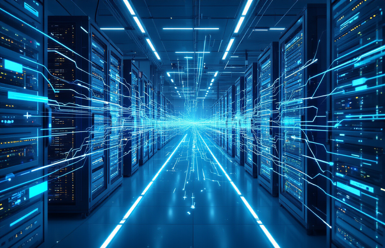 Create a realistic image of a modern healthcare data center with multiple computer servers and digital storage systems connected by illuminated fiber optic cables, showing data flowing from separate isolated server towers on the left merging into a single unified central server system on the right, with holographic data streams and network connections visualized as flowing light patterns, set in a clean sterile technology environment with blue and white LED lighting, featuring a sleek futuristic design that represents the transformation from fragmented data silos to integrated centralized storage solutions, absolutely NO text should be in the scene.