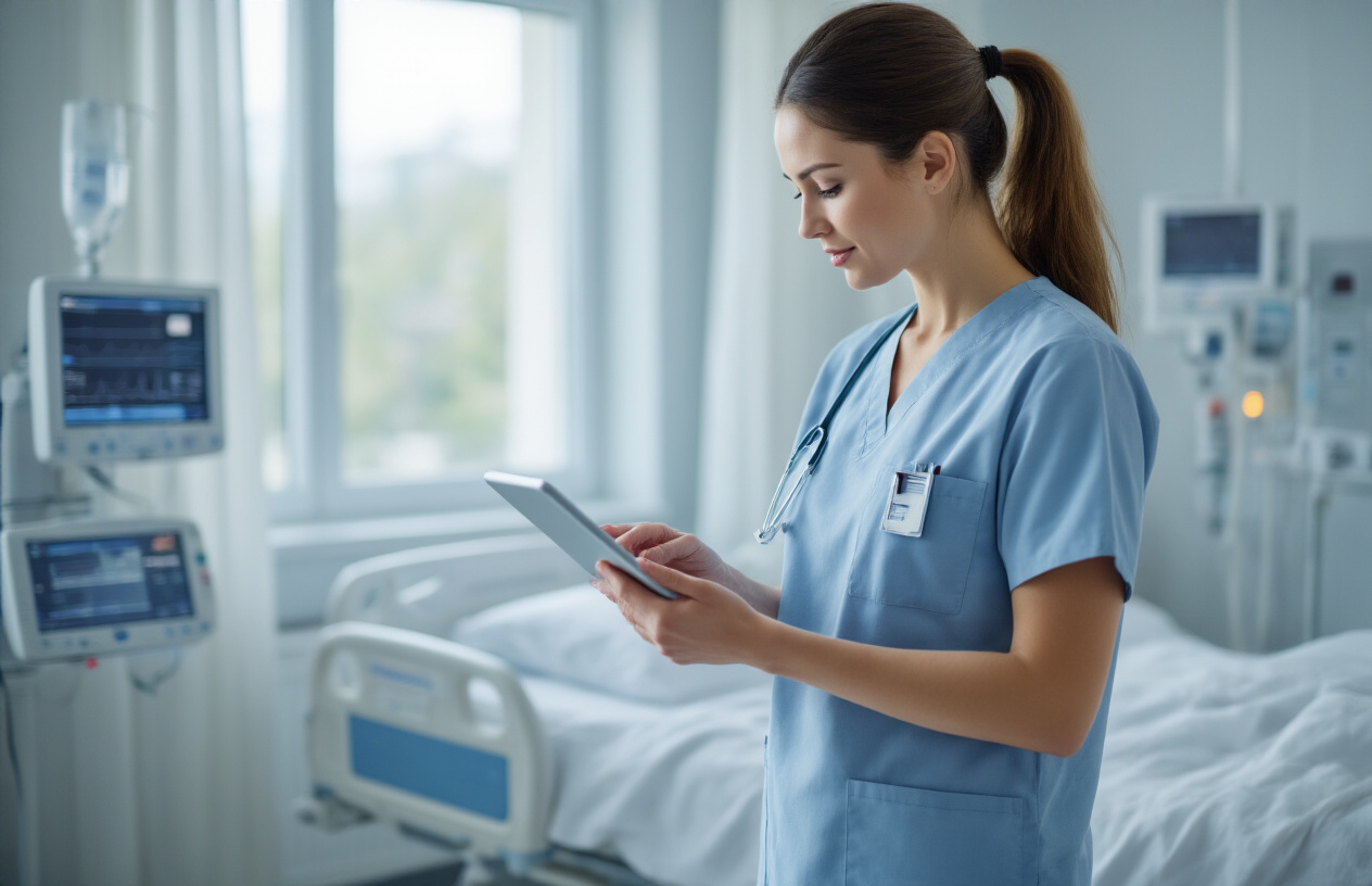 Create a realistic image of a white female healthcare professional in scrubs looking at a digital tablet displaying patient data charts and medical records, standing in a modern hospital room with a patient bed, medical monitoring equipment in the background, clean white and blue color scheme, soft natural lighting from a window, conveying professionalism and technological advancement in patient care, absolutely NO text should be in the scene.